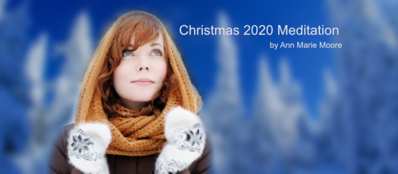 Christmas 2020 Meditation feature picture with redhead woman with mittens looking up snow covered tree background
